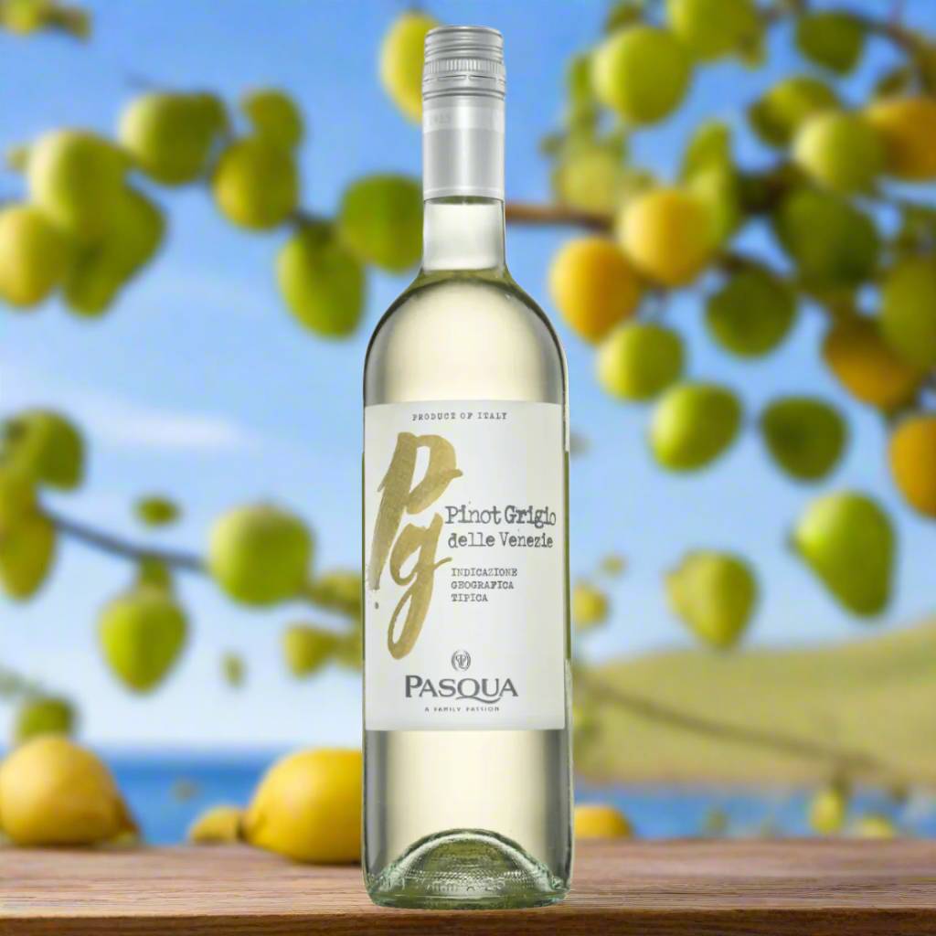 Pasqua Colori D’Italia Pinot Grigio bottle on a wooden table overlooking a sunny vineyard