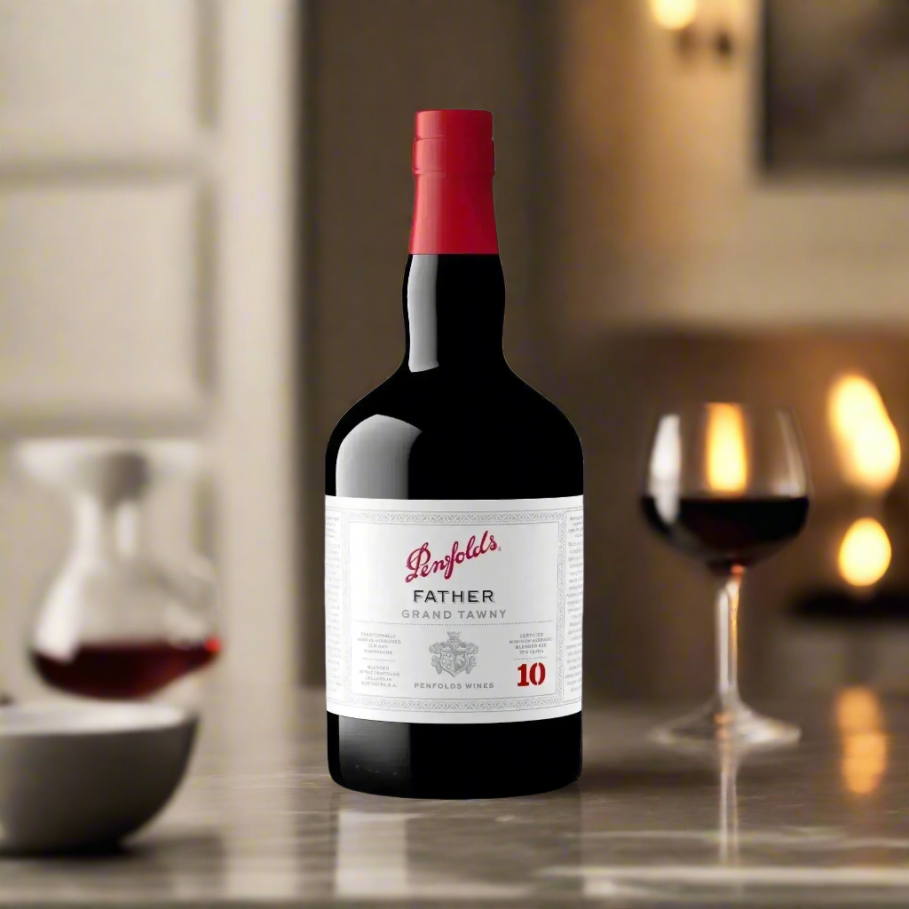 A moody, upscale lounge with dark leather armchairs, a low marble table, and ambient lighting from a fireplace in the background. A glass of rich tawny port and a decanter sit next to an open bottle on the table, with soft reflections and warm tones highlighting a sense of indulgence and legacy.