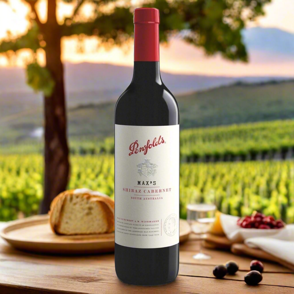 Vineyard Setting at Sunset
A stunning outdoor scene at a vineyard during golden hour, with rolling hills and vines in the background. The bottle of Penfolds Max's Shiraz Cabernet is placed on a wooden table, surrounded by glasses of wine, and a rustic spread of fresh bread and olives—highlighting the connection between the wine and its origins.