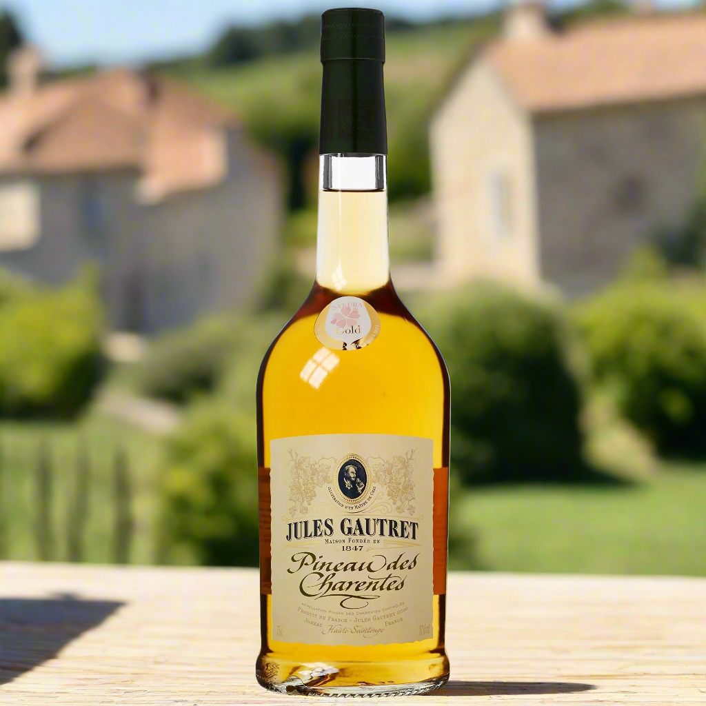 Pineau des Charentes Blanc Unicognac by Jules Gautret bottle on a table in a vineyard