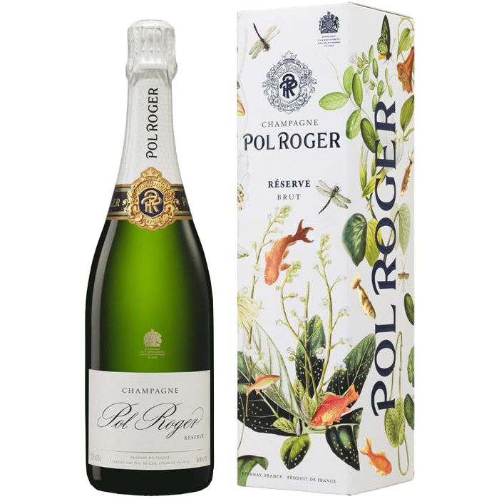 Pol Roger champagne bottle and gift box on a white background