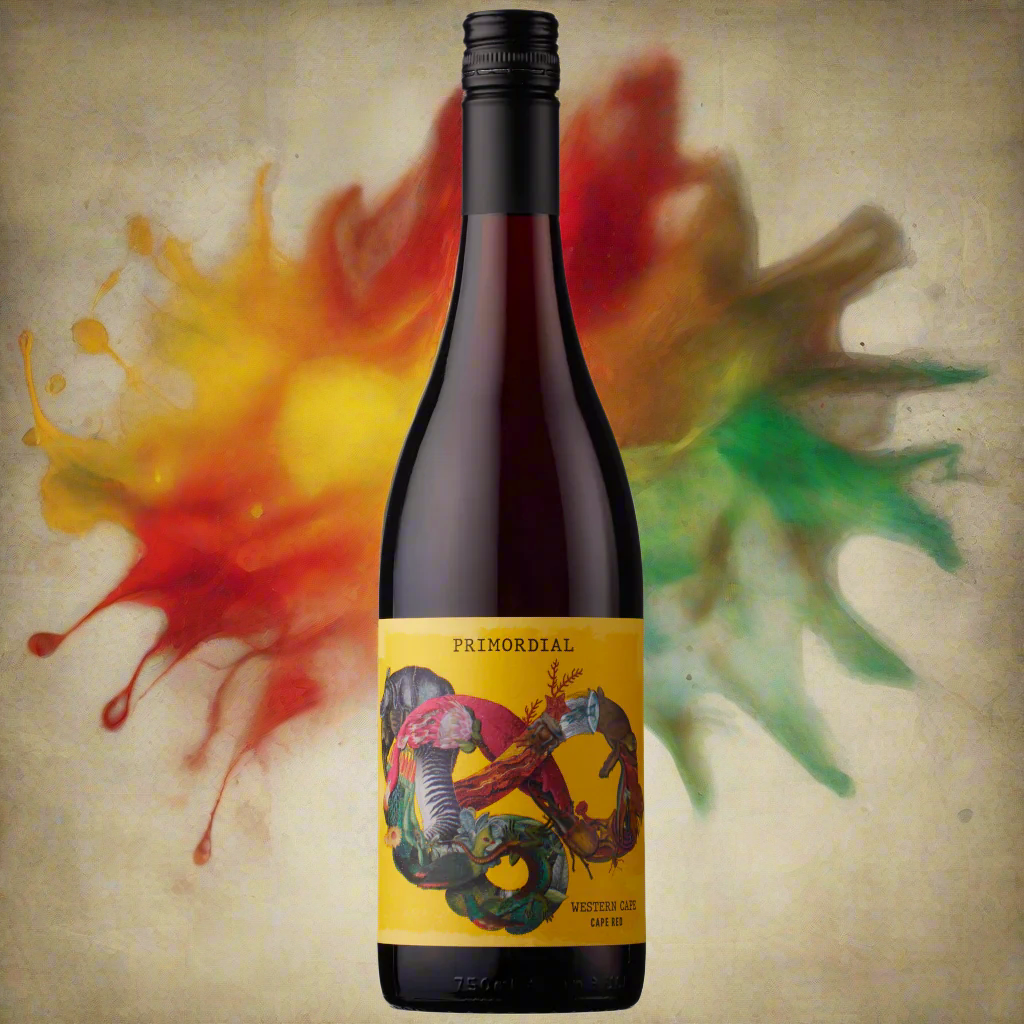 Bottle of Primordial Red Blend surrounded by abstract elemental fire, water, earth, and air textures.