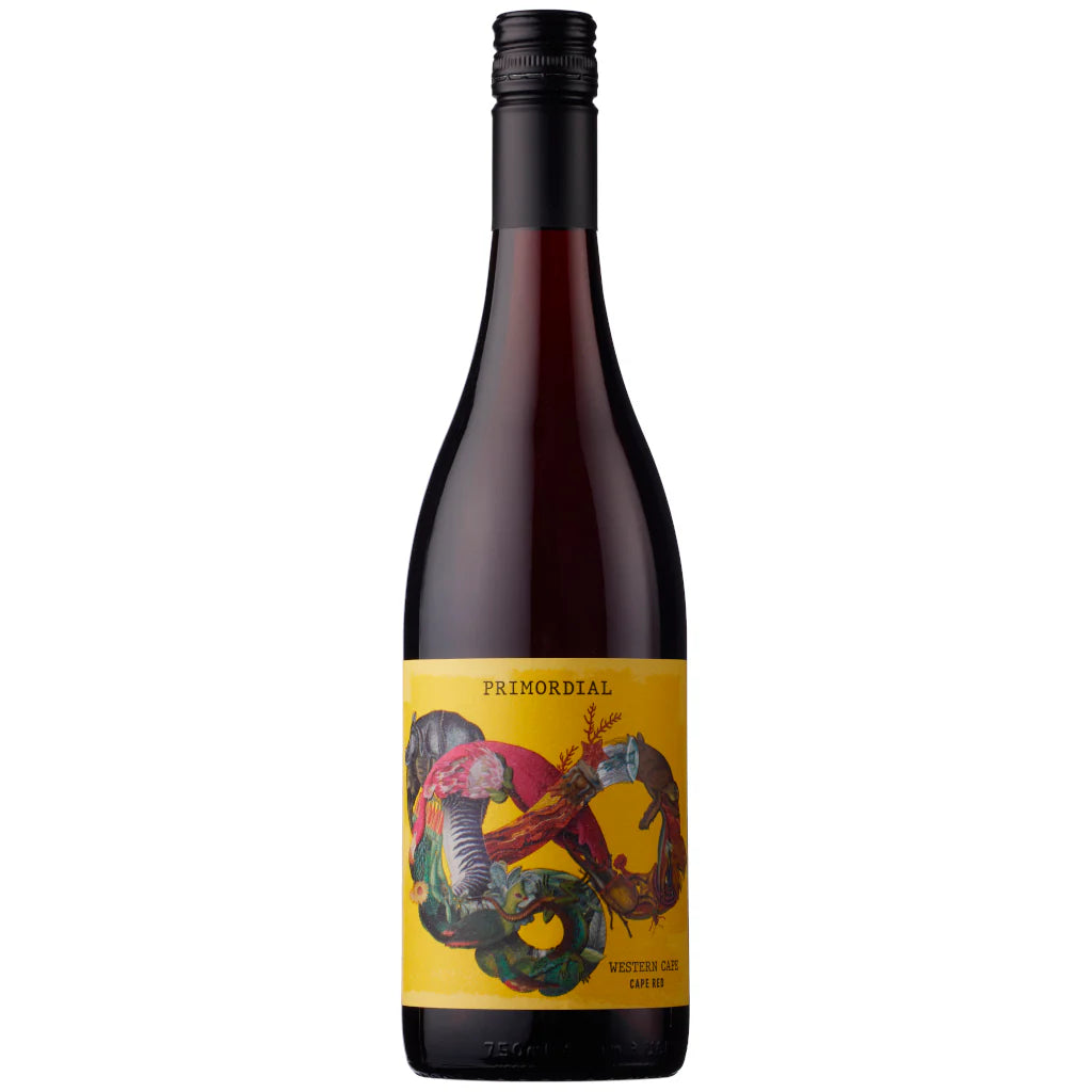 Primordial Red blend Wine bottle with a colorful label on a white background