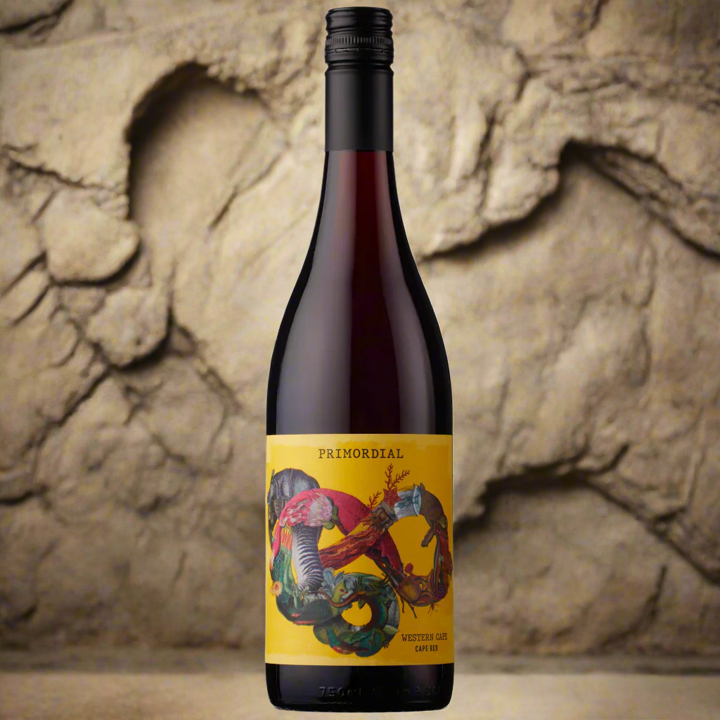 Bottle of Primordial Red Blend at cave entrance with glowing light and ancient stone textures.