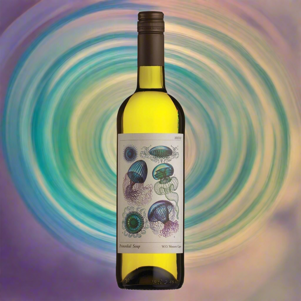 Primordial White Blend bottle with abstract ocean currents and glowing cell-like forms.