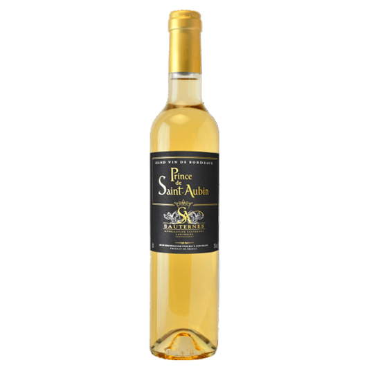 Bottle of Prince de Saint-Aubin Sauternes Sweet white wine on a white background