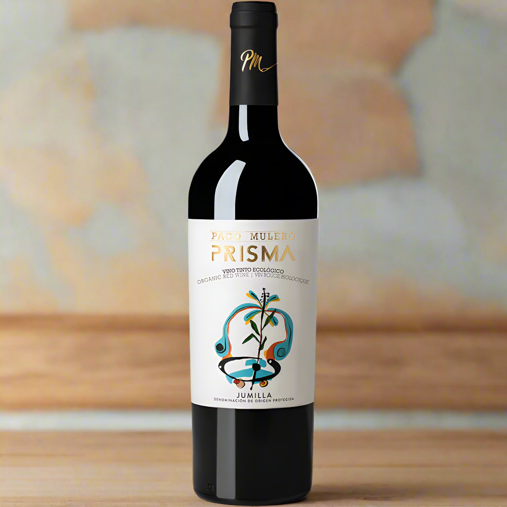 Place a bottle of Prisma Monastrell on a clean wooden dining table with simple, modern tableware and soft natural lighting for a calm, organic feel.