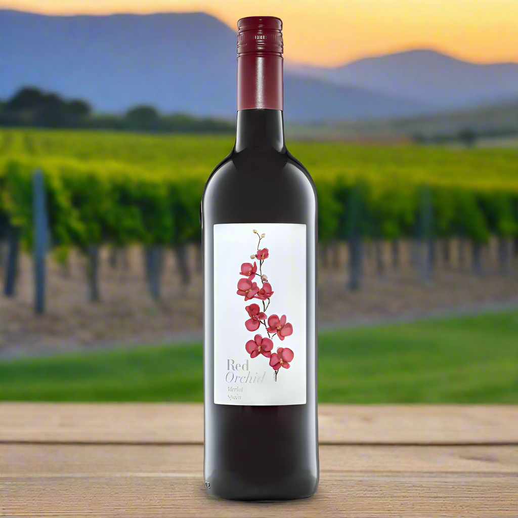 Place a bottle of Red Orchid Merlot on a wooden table with a golden sunset over vineyard rows in the background.