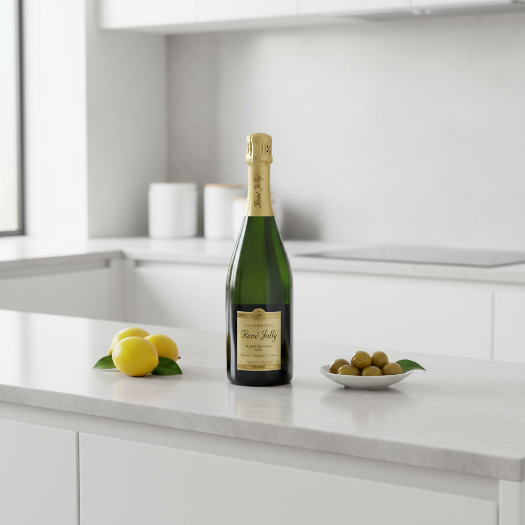 René Jolly Blanc de Noirs Brut Champagne NV bottle in a bright modern kitchen with minimal props.
