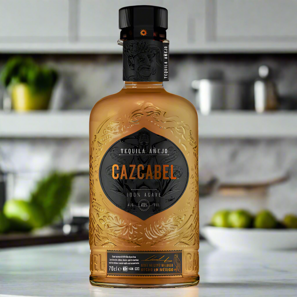 Cazcabel Tequila Añejo bottle on marble counter with lime, salt and cactus in modern kitchen