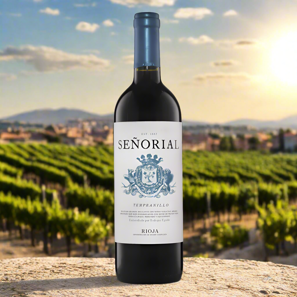 Bottle of Rioja red wine with vineyard and sunlit terracotta rooftops behind