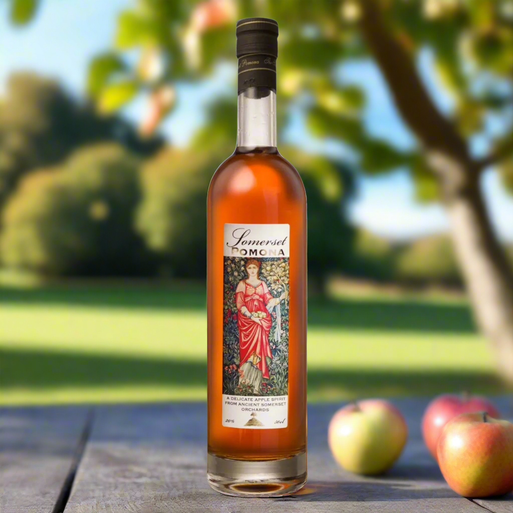 Somerset Cider Brandy Pomona bottle on table in orchard with apples and leaves