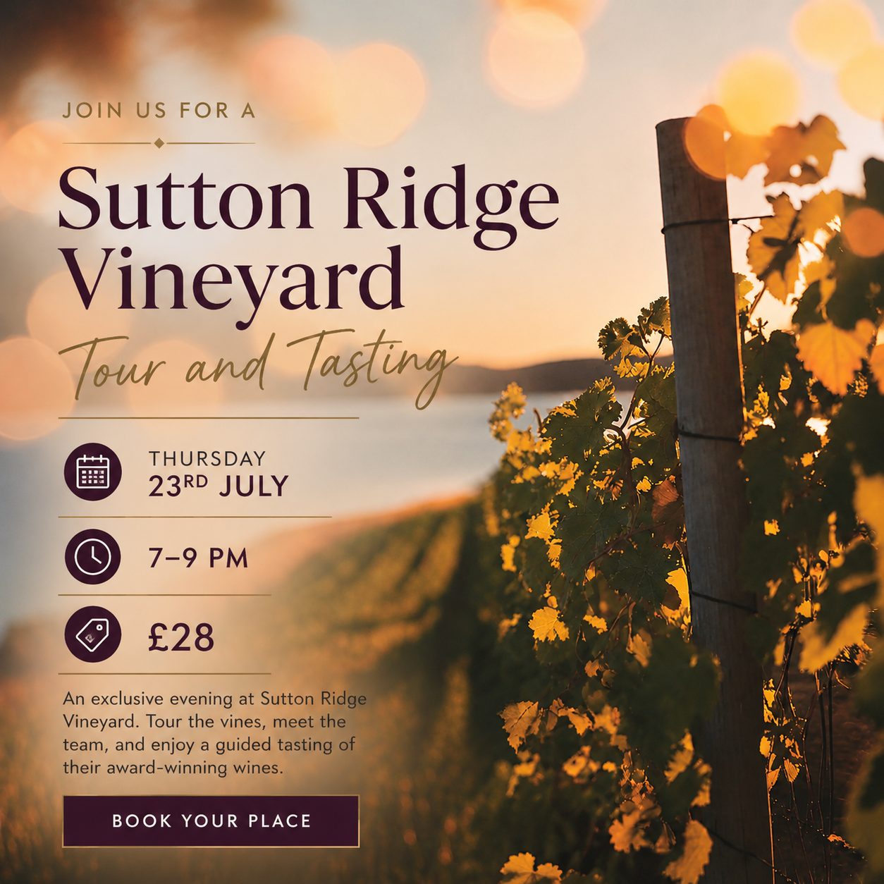 Sutton Ridge Vineyard Tour and Tasting - Thursday 23rd July 7-9 pm