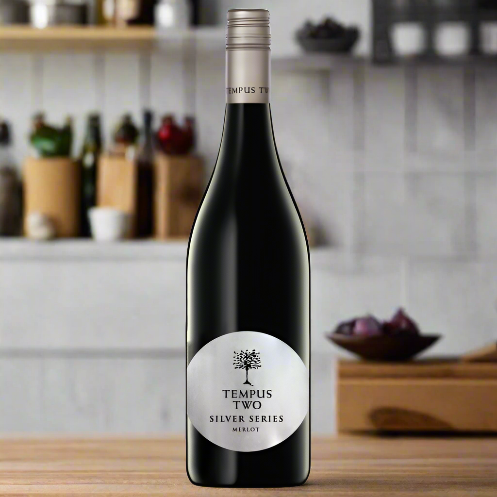 Bottle of Tempus Two Silver Series Merlot wine on a kitchen counter.