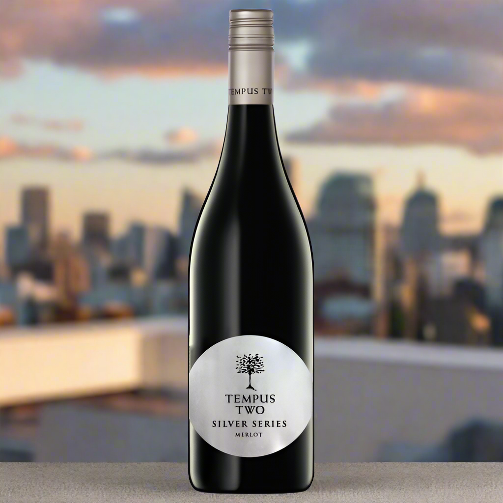 Bottle of Tempus Two Silver Series Merlot wine with a cityscape in the background