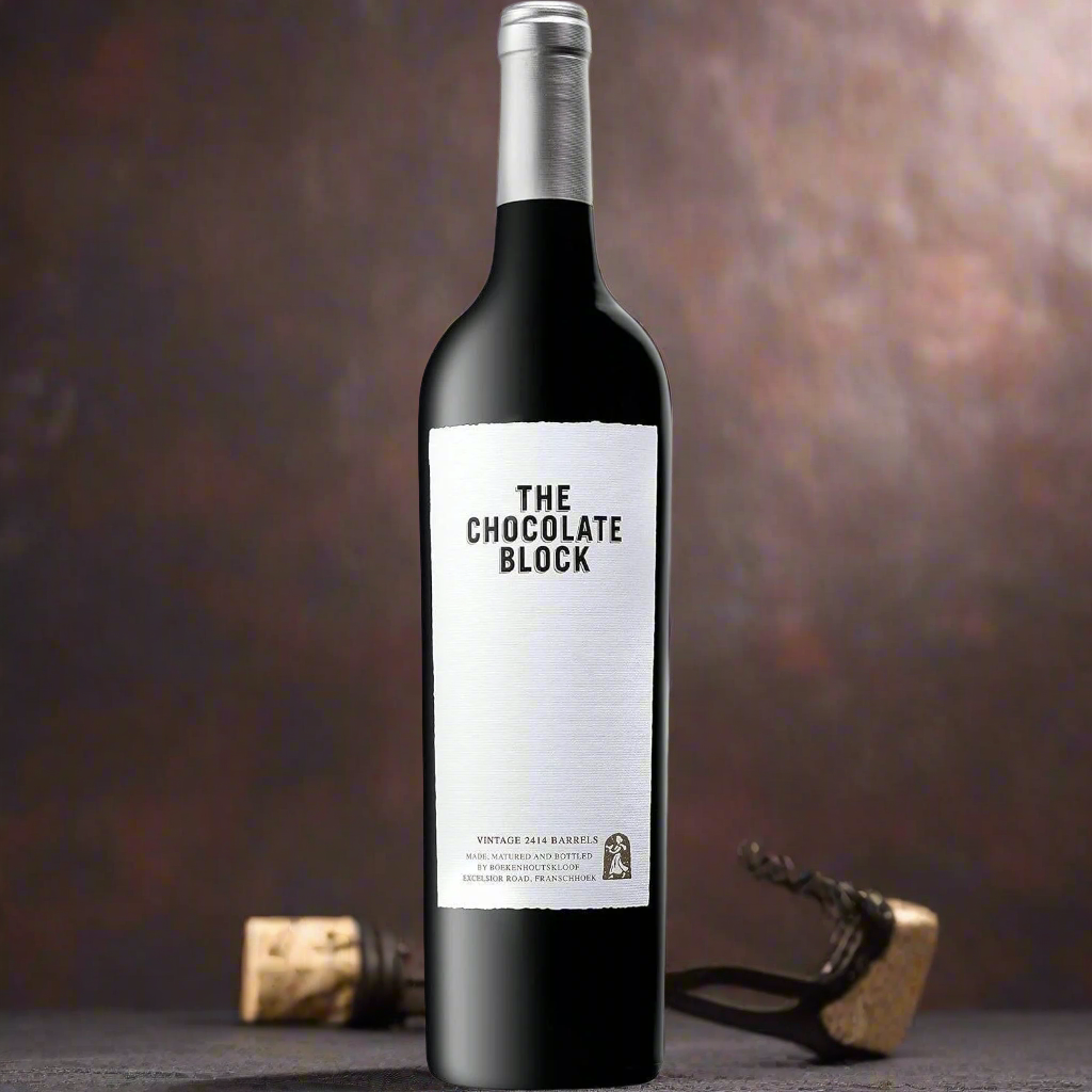 Bottle of The Chocolate Block on a dark stone surface with soft overhead lighting, gentle shadows, and a blurred background hinting at a wine cellar or textured charcoal wall. A corkscrew and an unopened cork placed nearby for subtle context. Bold, minimal, and atmospheric.