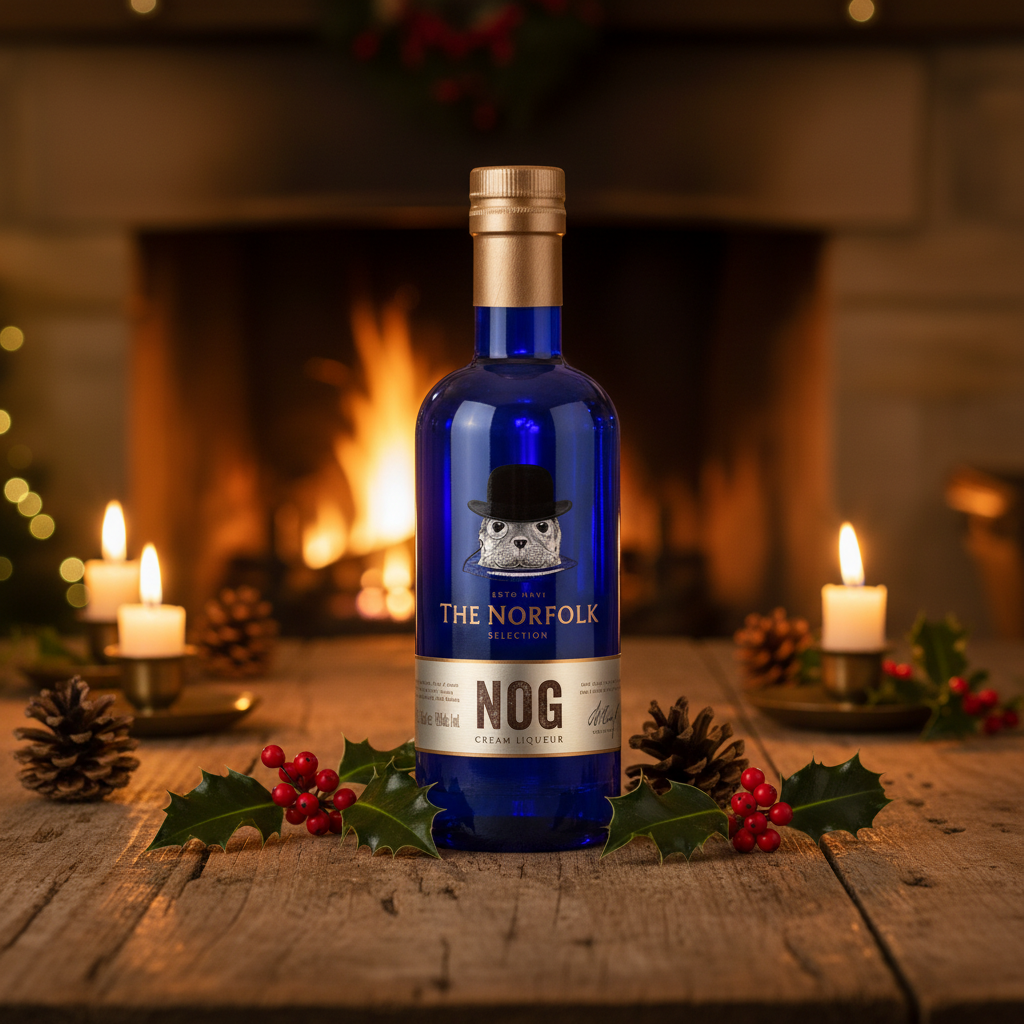 The Norfolk Nog Cream Liqueur bottle on rustic Christmas table with candles, holly and warm golden light.