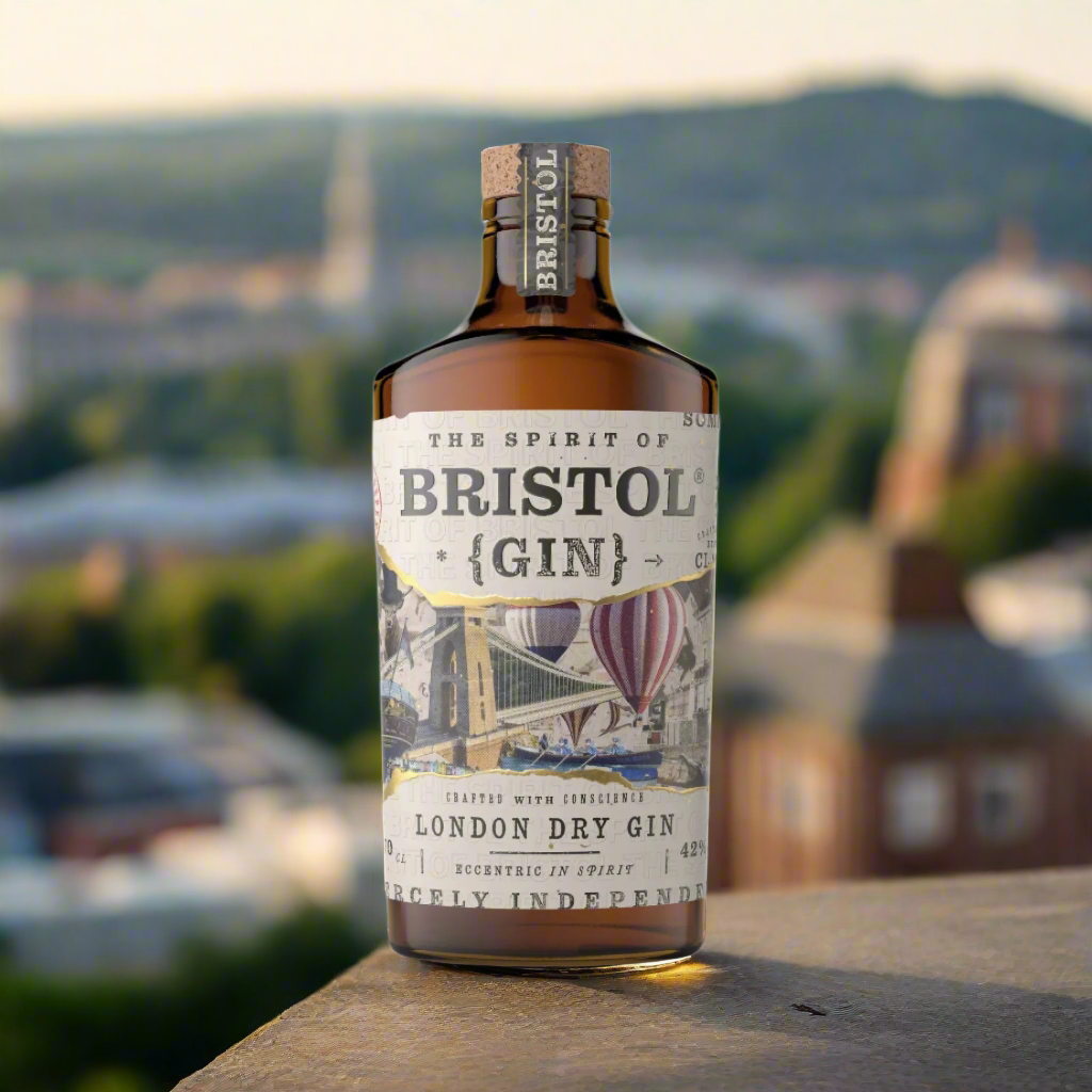 Bottle of Bristol London Dry Gin bottle on Bristol rooftop terrace