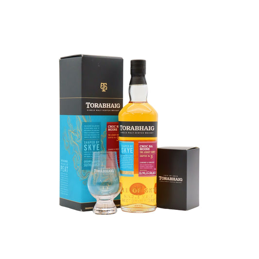 The Legacy Series #3 - Cnoc Na Moine Whisky bottle with packaging and Glencairn glass on a white background