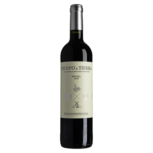A bottle of Tiempo & Tierra Crianza Wine on a white background