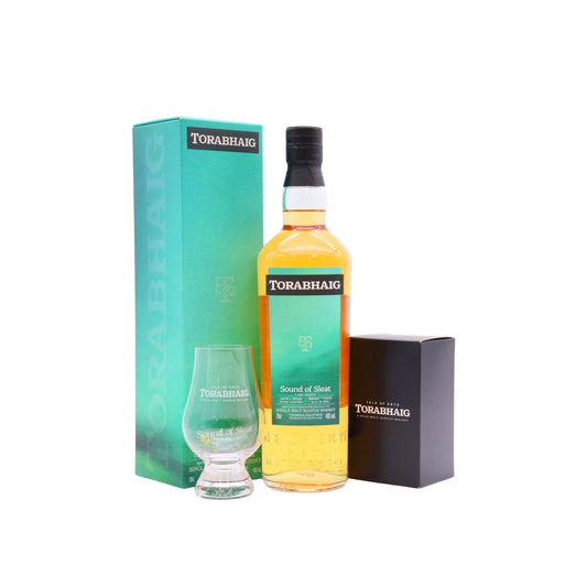 Torabhaig The Legacy Series #4 - Sound Of Sleat whisky bottle, glass, and packaging on a white background