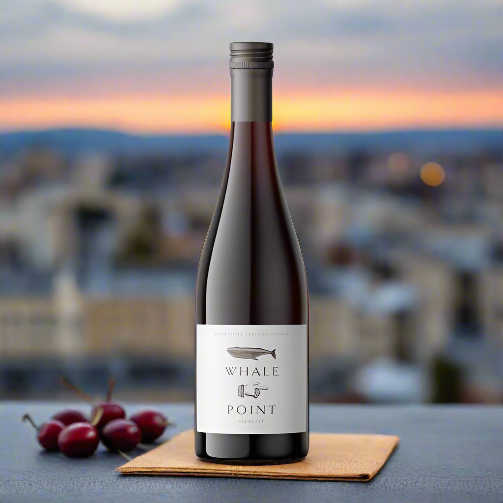 Whale Point Merlot bottle on rooftop table with cherries and rosemary at sunset