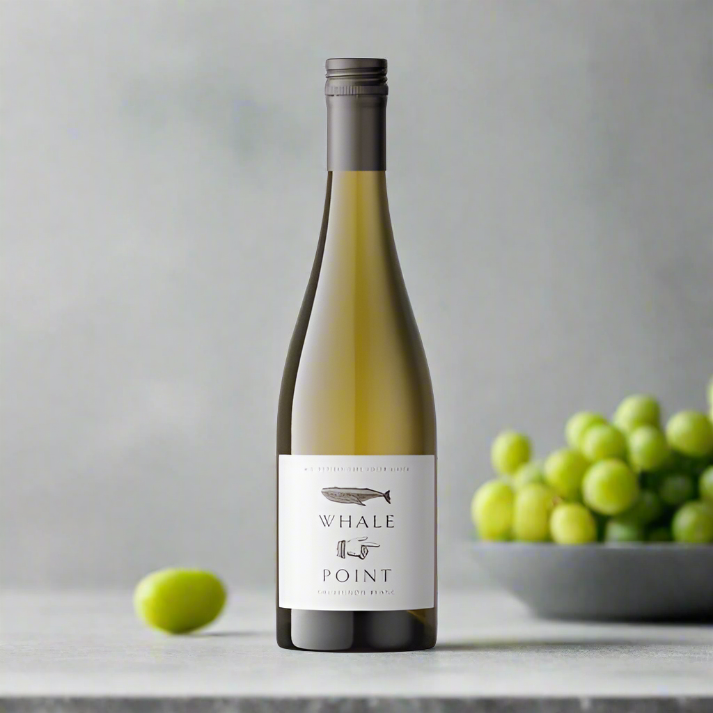 Whale Point Sauvignon Blanc with green grapes and mint on pale oak kitchen counter