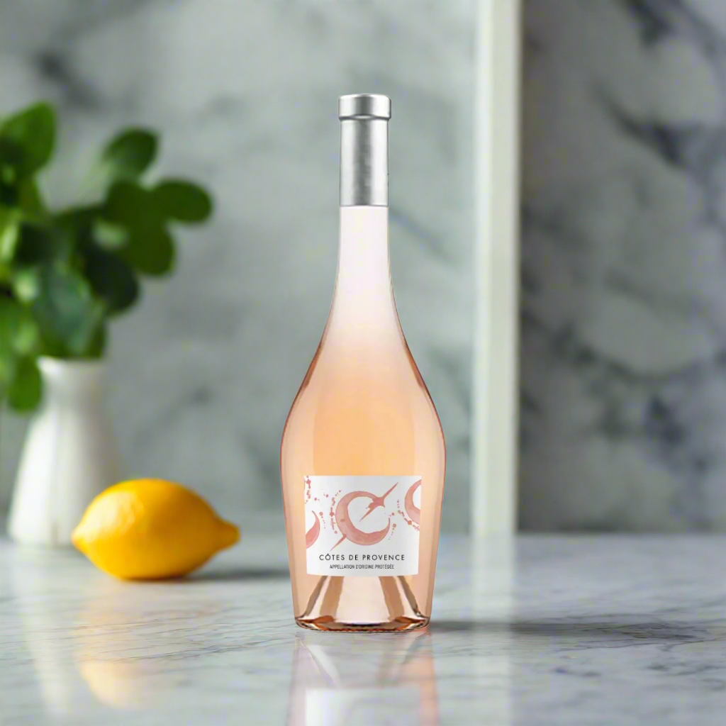 Côtes de Provence Rosé on marble counter with lemons, herbs, and bright modern kitchen backdrop.