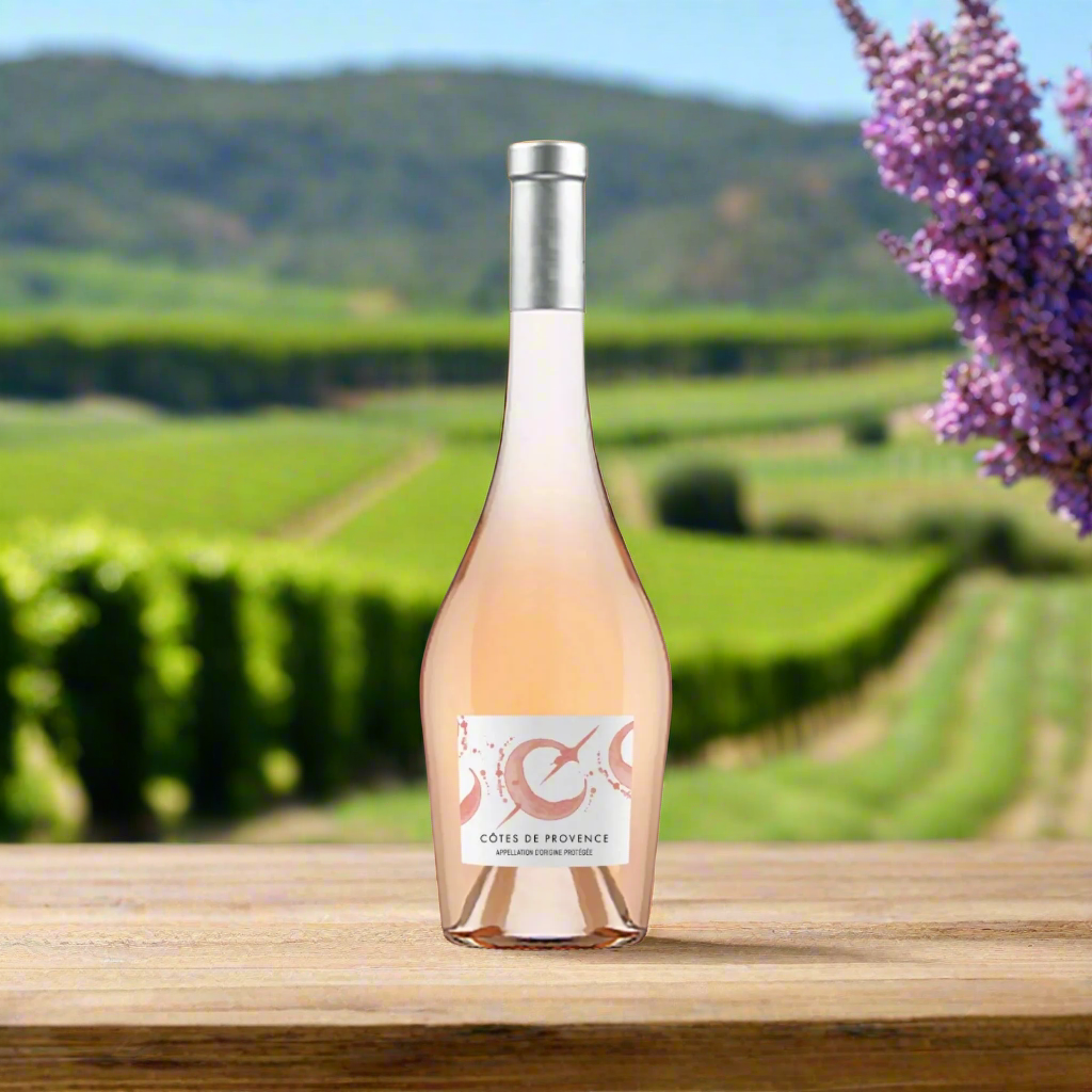 Bottle of Côtes de Provence Rosé on wooden table with vineyard, lavender fields, and rolling hills.