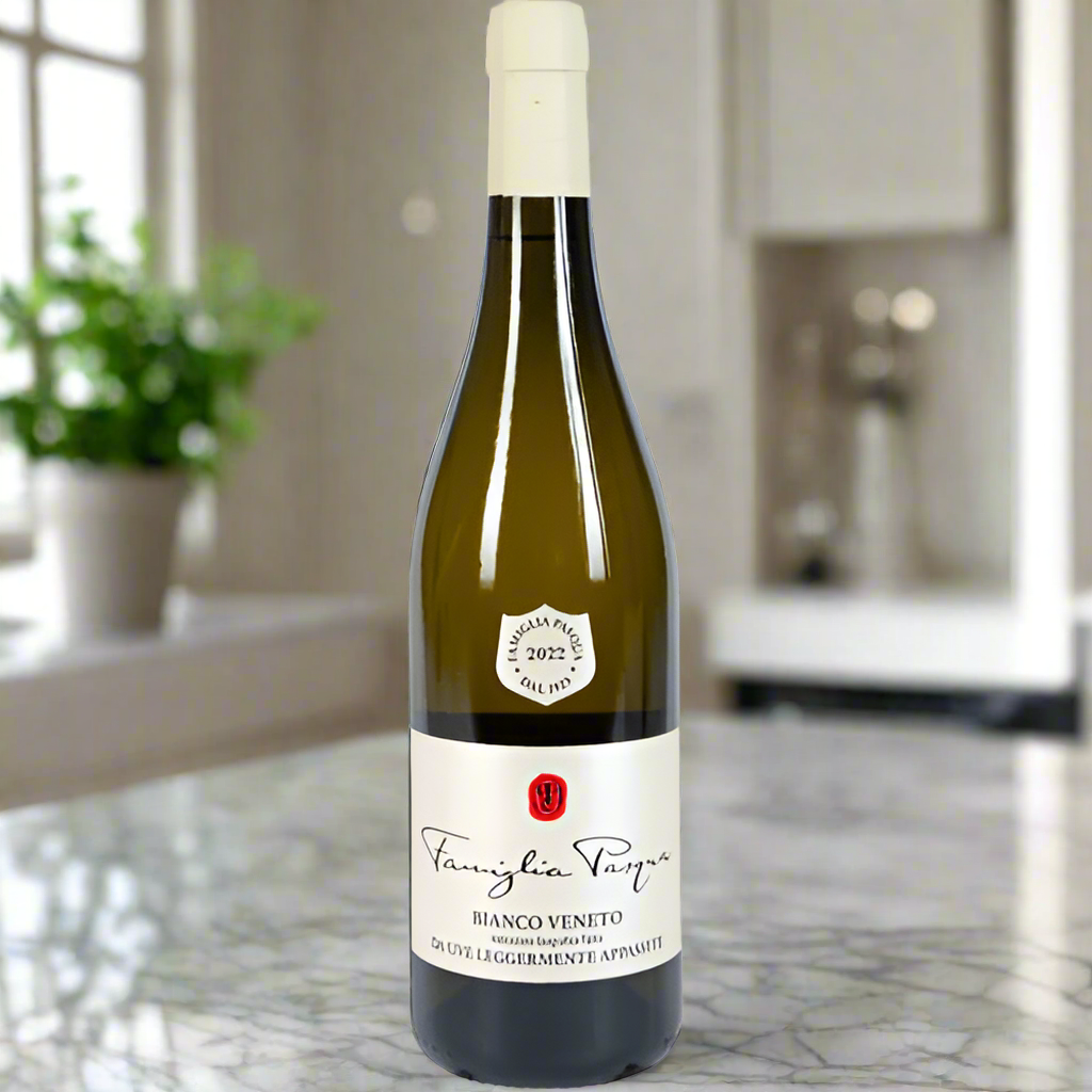 Bottle of Famiglia Pasqua Passimento Blanco wine in bright, elegant kitchen