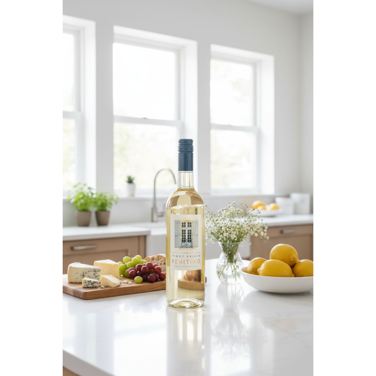 Penitino Pinot Grigio bottle displayed on a modern kitchen worktop with fresh food and natural daylight.