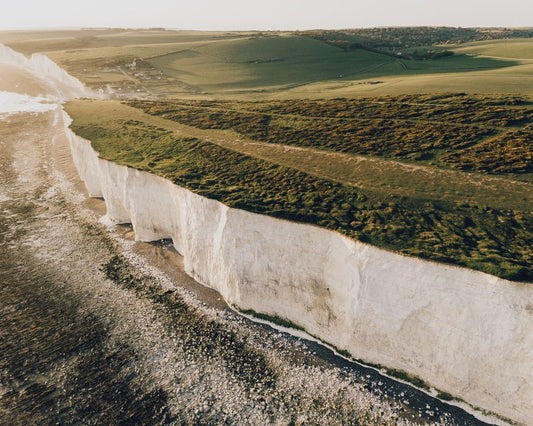 Aerial view of chalk cliffs on the English coast, South Downs