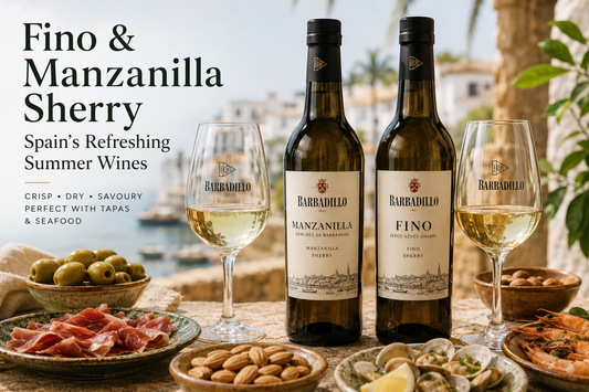 Barbadillo Fino and Manzanilla Sherry served chilled with Spanish tapas, seafood and olives, illustrating the perfect summer food pairing for dry Spanish sherry.