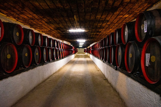 Long corridor of aged wooden barrels in a historic wine cellar, used for maturing fortified and dessert wines