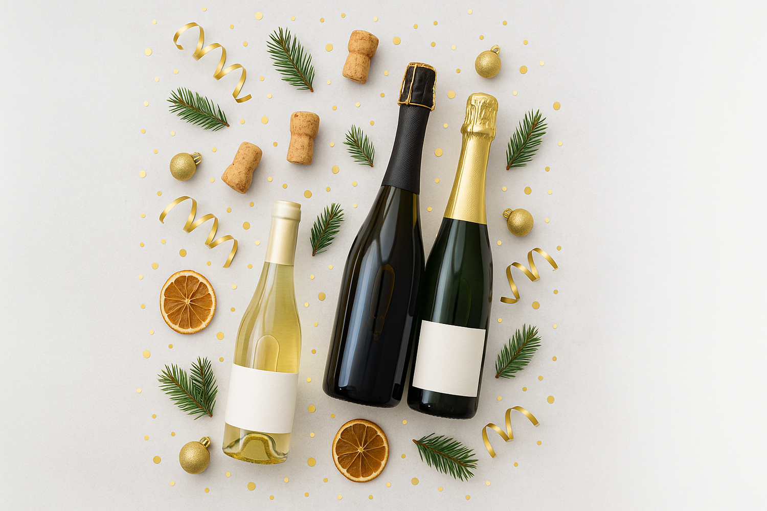 Bright stone flatlay with white and sparkling wine bottles, gold ribbon and festive confetti.