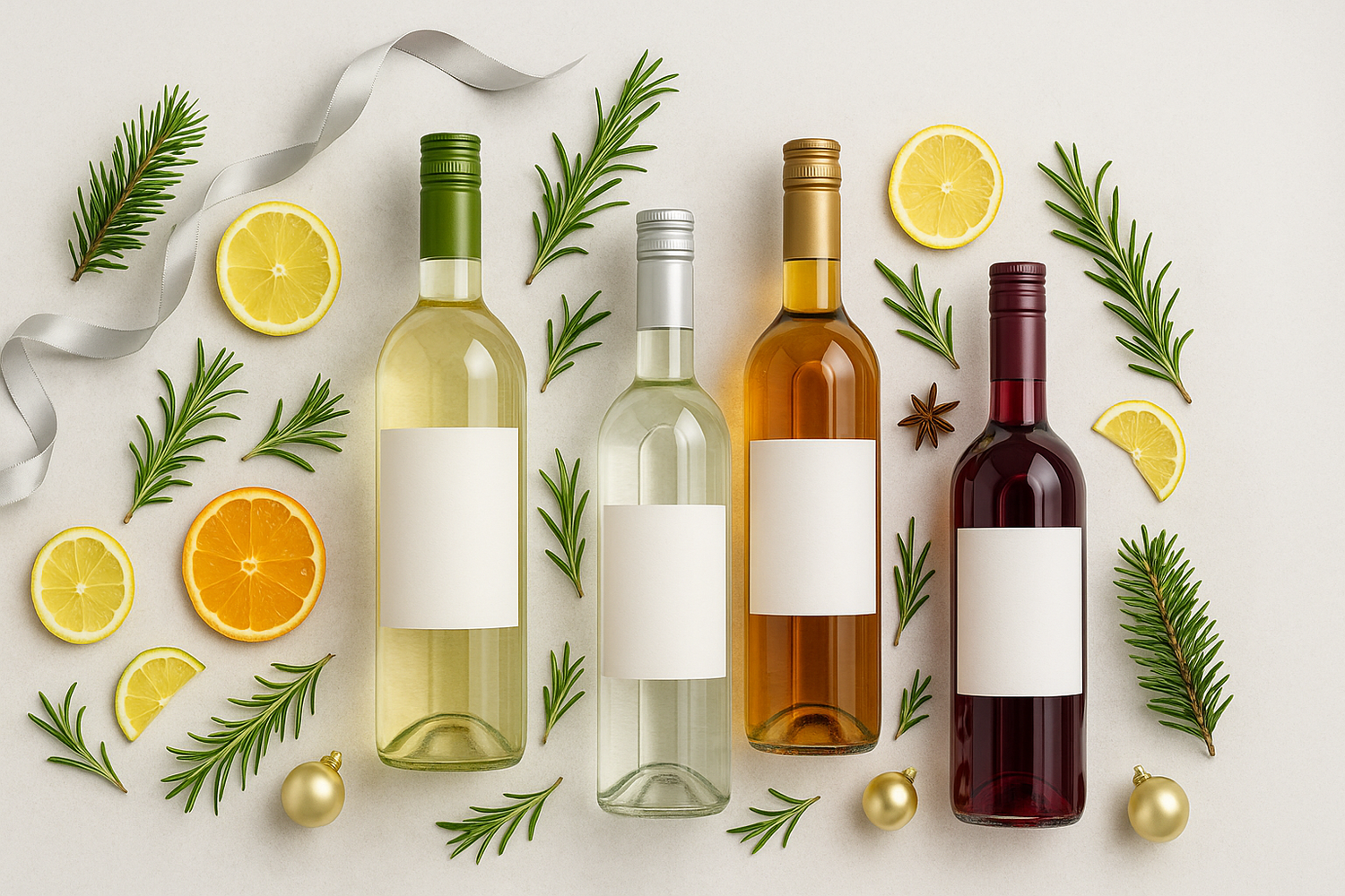 Bright marble flatlay with non-alcoholic wine and spirit bottles, citrus and silver ribbon.