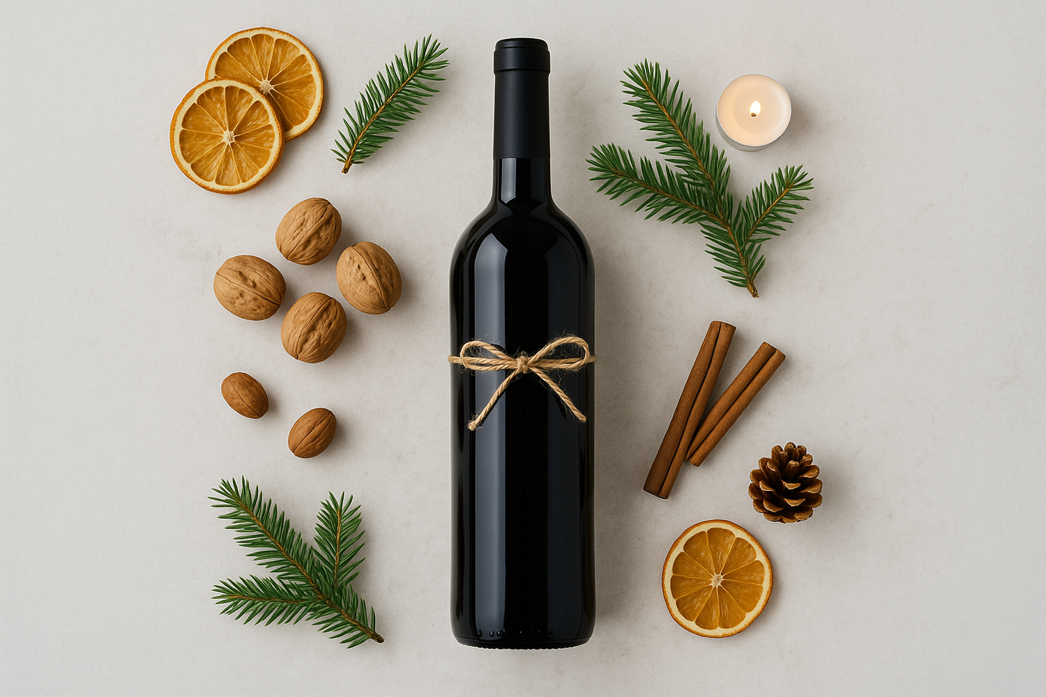 Bright stone flatlay with port wine, walnuts, dark chocolate and festive gold accents.