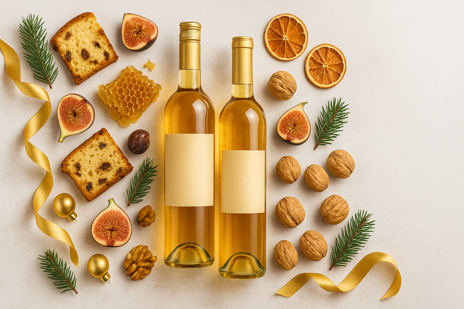 Bright stone flatlay with golden dessert wine, figs, cake, honey and festive ribbon.