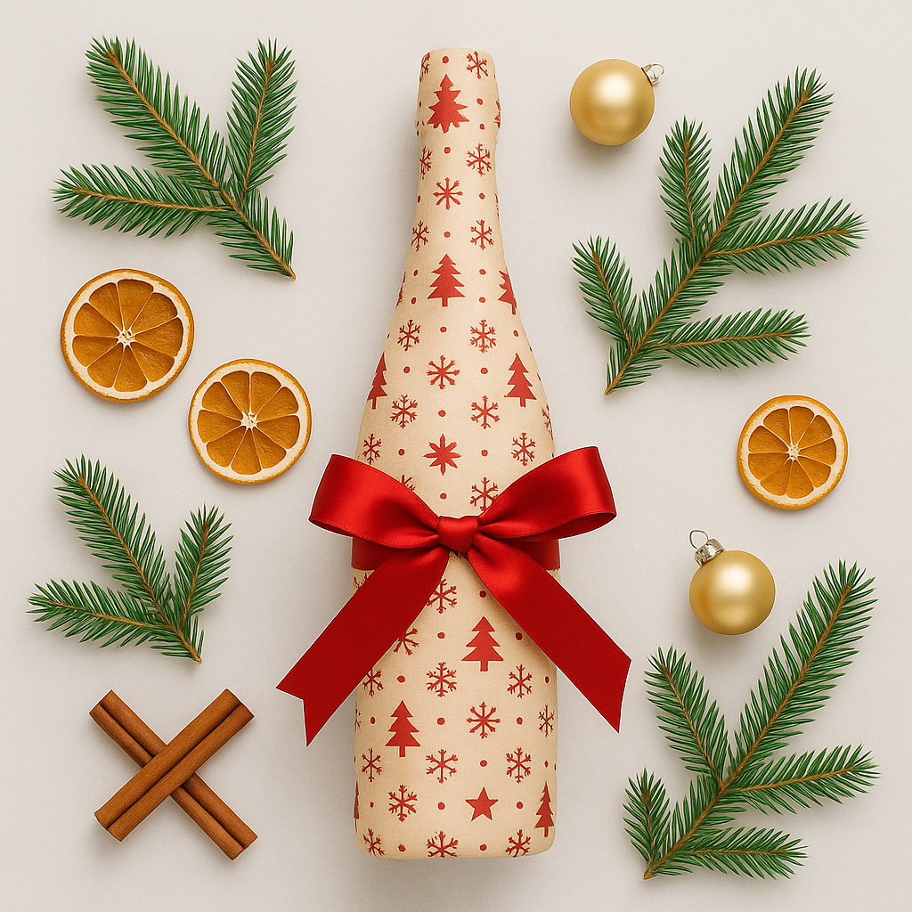 Wrapped wine bottle with red ribbon surrounded by festive sprigs, dried oranges, gold baubles and cinnamon on soft grey background.