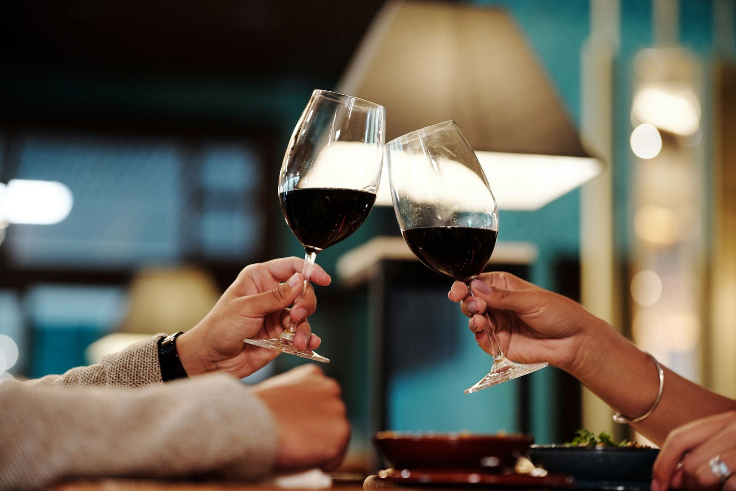 Two friends sharing a warm toast with red wine glasses indoors — anniversary wine gifts