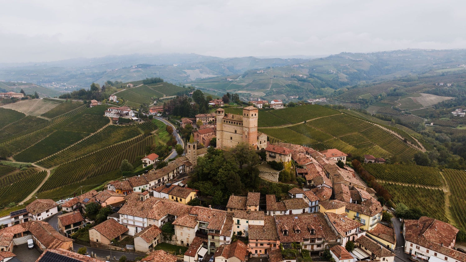 Medieval hilltop castle village surrounded by vineyard terraces on the Piedmont hills, Italy — Antica Cantina di Colosso