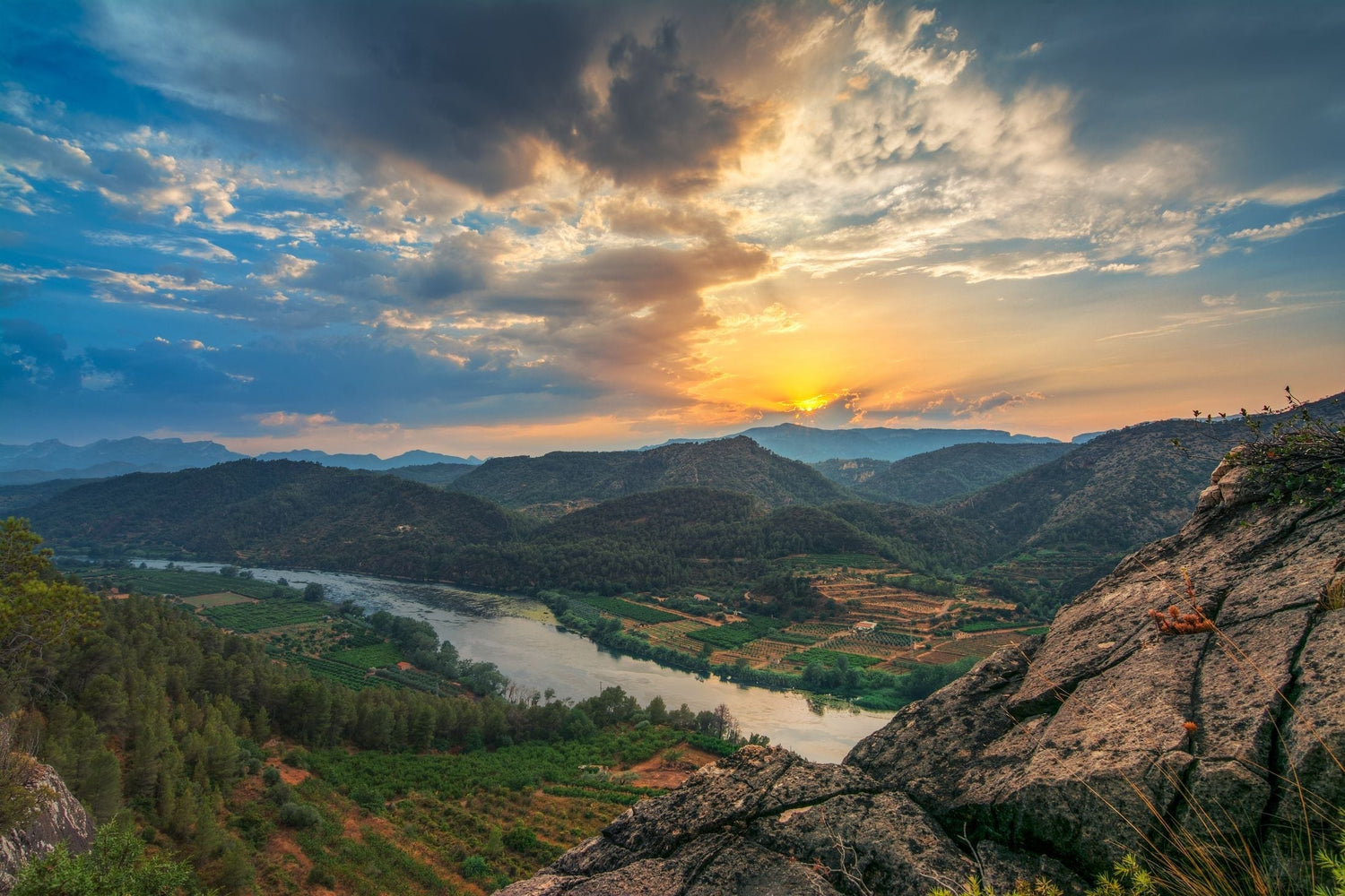 Golden sunset over the Ebro valley and rolling agricultural plains of Aragon, northeastern Spain