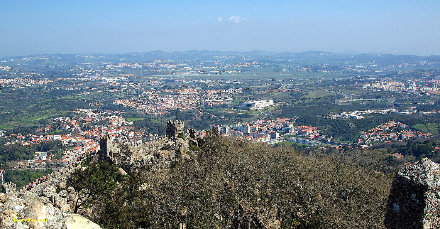 View from the Moorish Castle above Sintra across the city and plains towards Lisbon, DFJ Vinhos, Lisboa wine region, Portugal