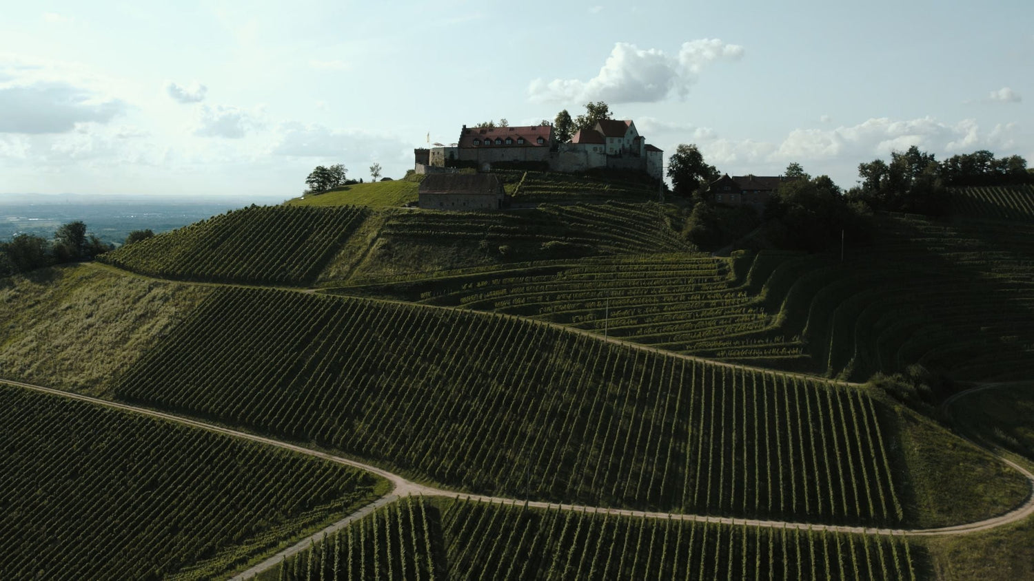 Aerial view of a hilltop castle estate surrounded by vine-covered terraced slopes, Domaine de la Présidente, Rhône Valley, France