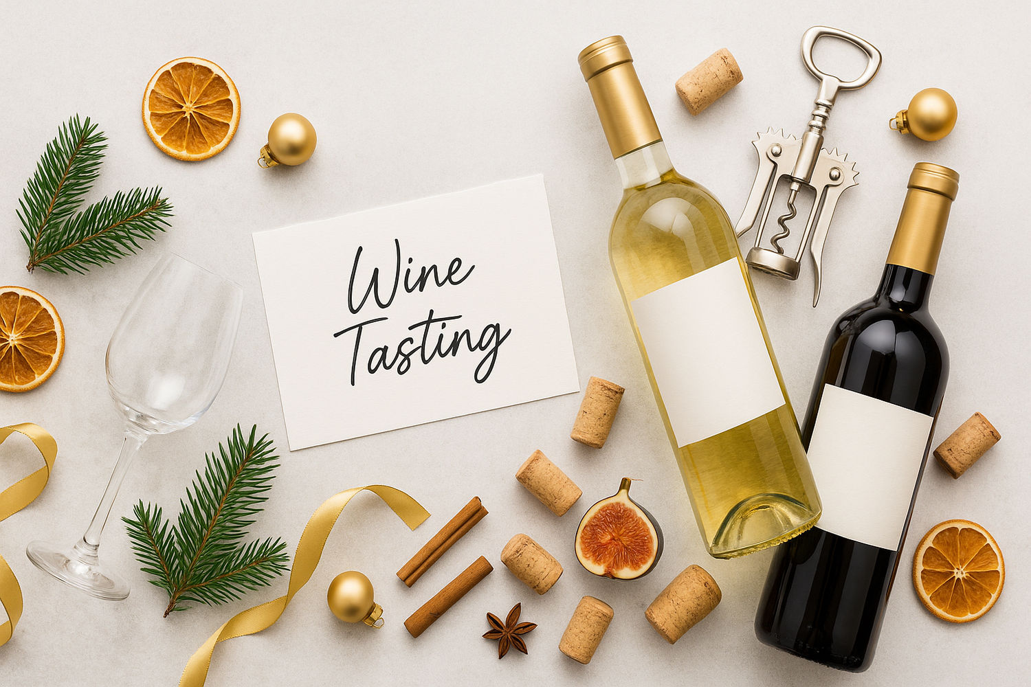 Festive wine tasting flatlay with white and red wine bottles, corkscrew, corks, dried orange slices and Christmas accents on marble — wine gift experience.
