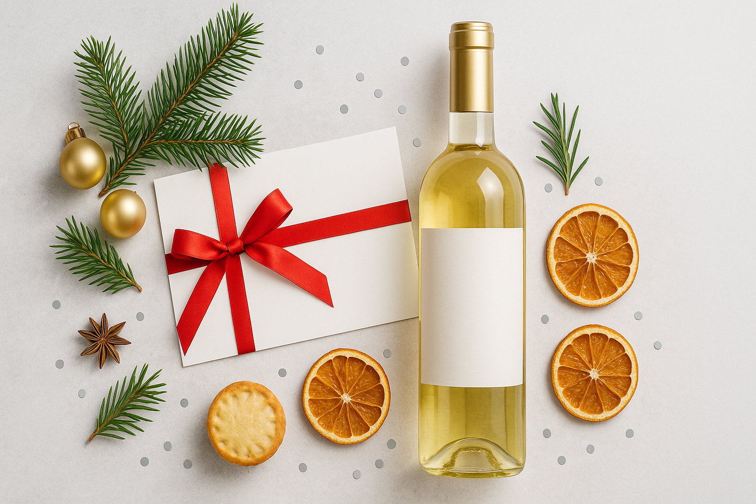 Bright stone flatlay with a wine gift voucher card, white wine bottle, red ribbon and festive Christmas accents.