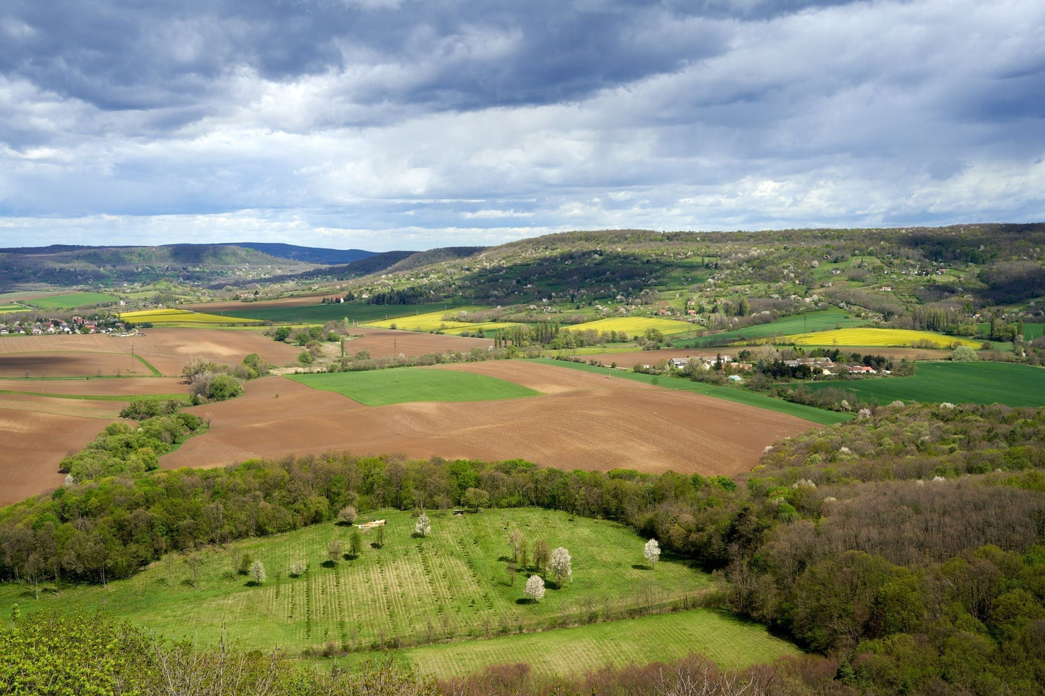 Spring panorama of rolling hills with yellow rapeseed fields and villages in the Hungarian countryside