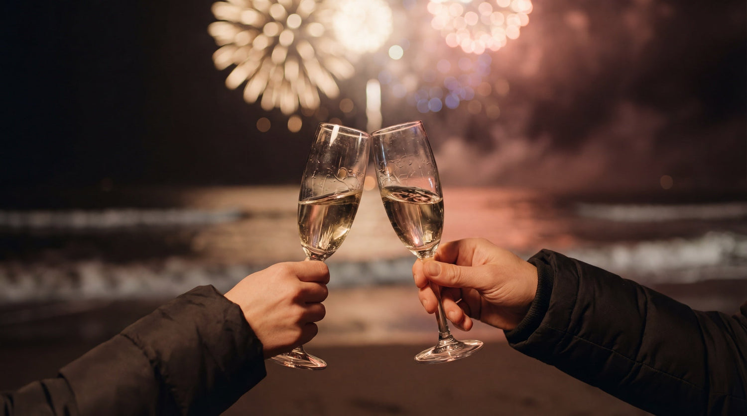 Two champagne flutes clinked together against a night sky lit up with fireworks, perfect New Year's Eve celebration