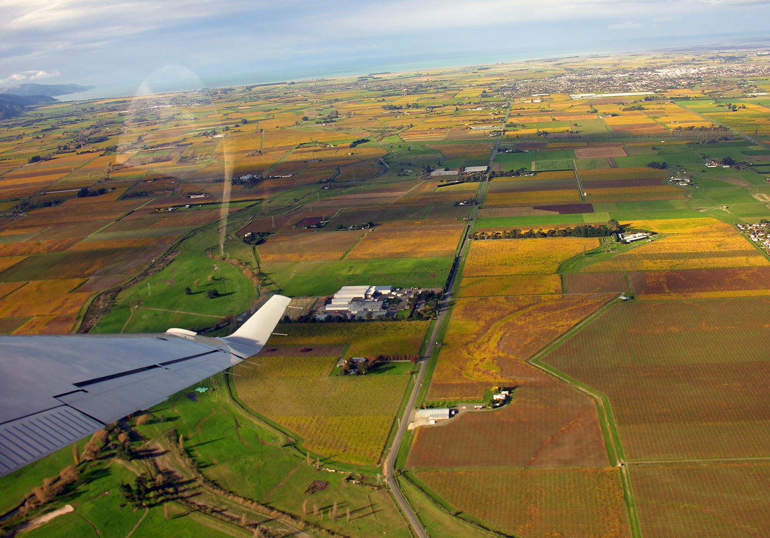 Aerial view of Marlborough's patchwork vineyards in autumn colour with Tasman Bay coast in the distance, New Zealand. Photo: Phillip Capper (CC BY 2.0)