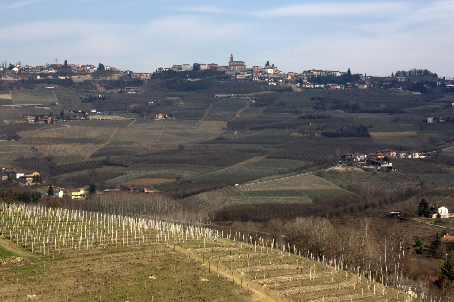 Rolling winter vineyard hills and a hilltop village with a church tower, Piedmont, Italy. Photo: Andrea Stefanini (CC BY 2.0)